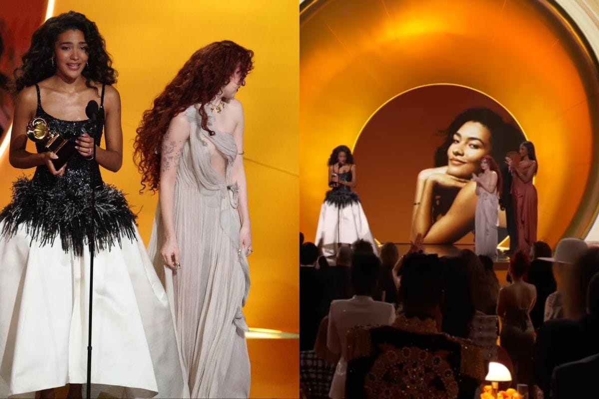 Olivia Dean giving speech while Chappell Roan fussed with her outfit